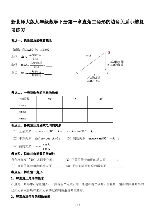 新北师大版九年级数学下册第一章直角三角形的边角关系小结复习练习