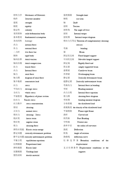 材料力学专业词汇中英对照