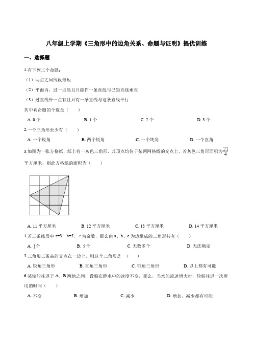 沪科版八年级上学期《三角形中的边角关系、命题与证明》提优训练