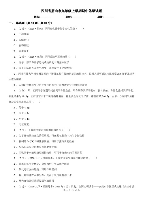 四川省眉山市九年级上学期期中化学试题