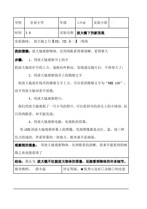 六年级下册科学实验记录
