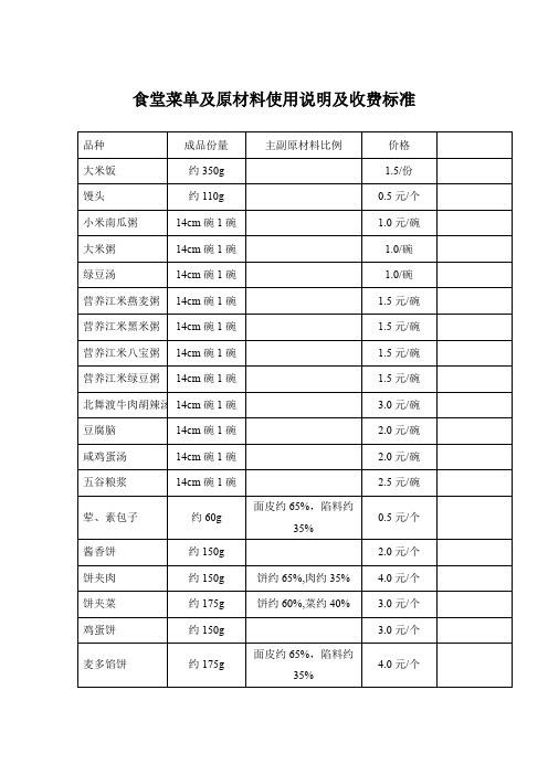 食堂菜单及原材料使用说明及收费标准