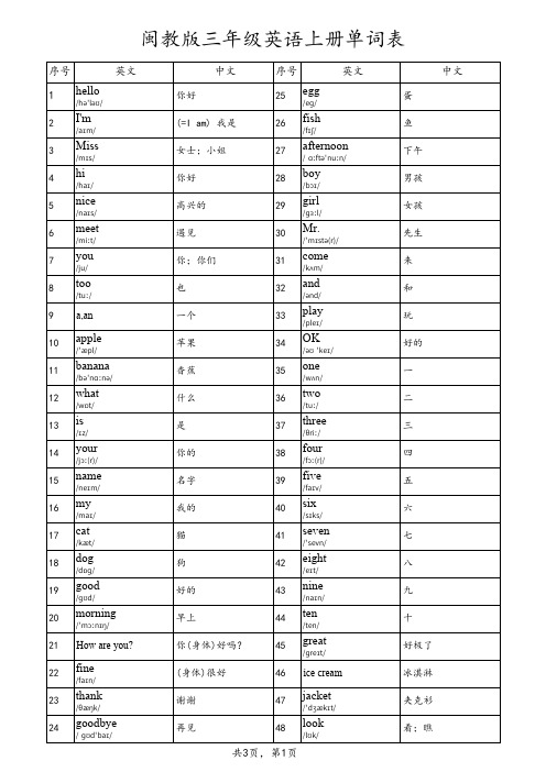 三年级闽教版英语上册单词表