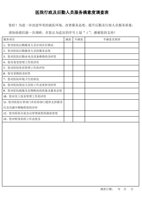 对医院后勤服务满意度调查表