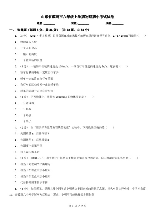 山东省滨州市八年级上学期物理期中考试试卷