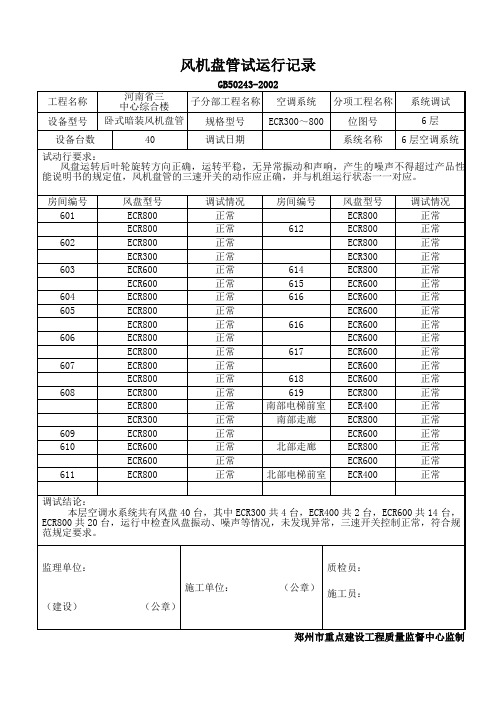 风机盘管试运行记录