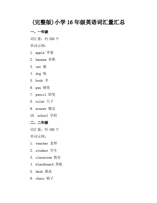 (完整版)小学1-6年级英语词汇量汇总