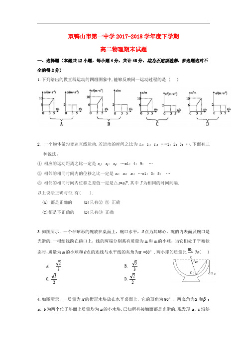 黑龙江省双鸭山市第一中学高二物理下学期期末考试试题