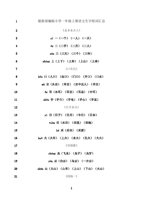 最新最新部编版小学一年级上册语文生字组词汇总