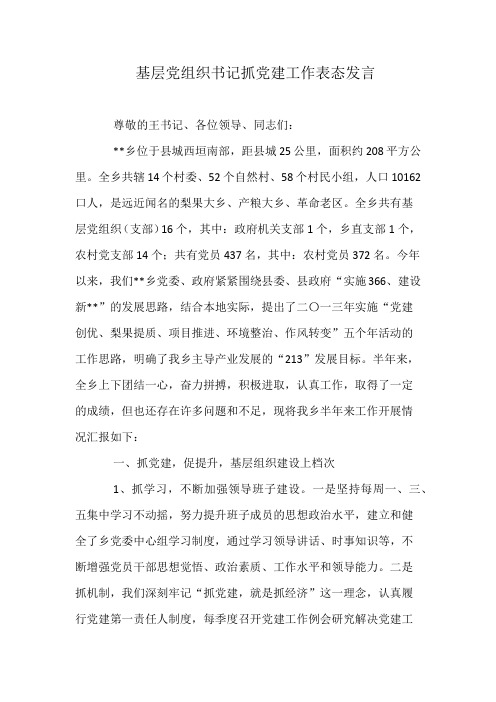 基层党组织书记抓党建工作表态发言