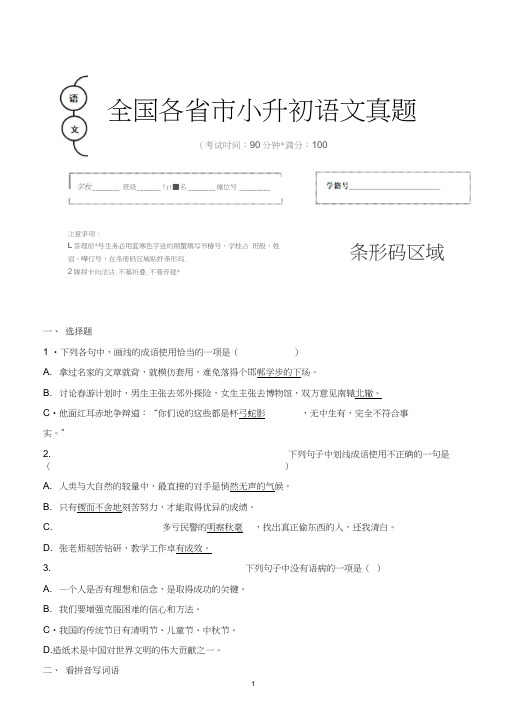 【小升初】2020年广东省中山市小升初语文毕业会考试题含答案(全网唯一)