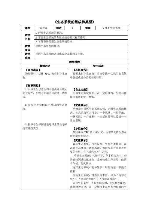 冀少版八年级下册生物 7.2.1生态系统的组成和类型 教案设计