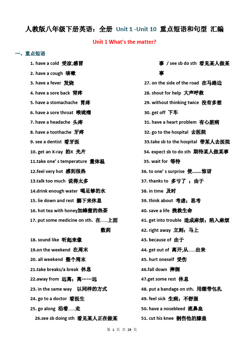 人教版八年级下册英语：全册 Unit 1 -Unit 10 重点短语和句型汇编(含各单元作文及范文)