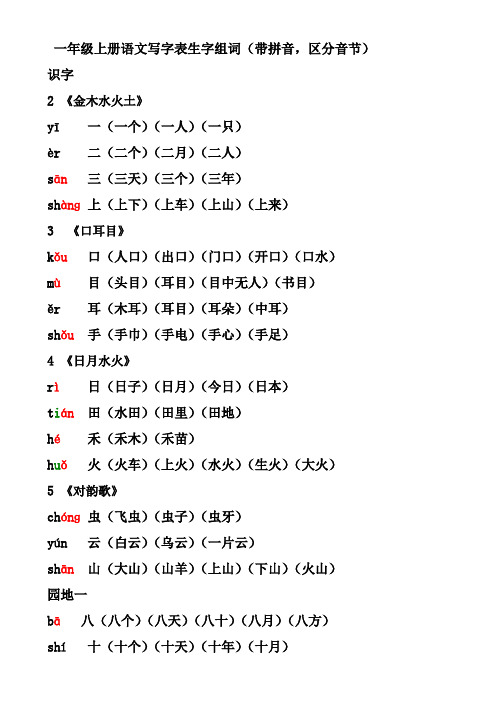 人教版一年级语文上册写字表生字及组词(带拼音,区分音节)