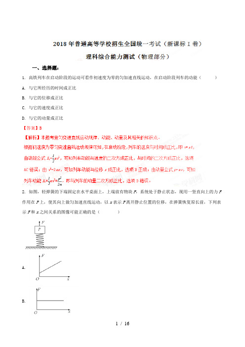 2018高考全国卷Ⅰ理综物理试题解析