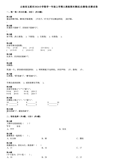 云南省玉溪市2024小学数学一年级上学期人教版期末测试(自测卷)完整试卷