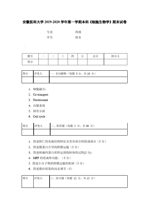 安徽医科大学2019-2020学年第一学期本科《细胞生物学》期末试卷