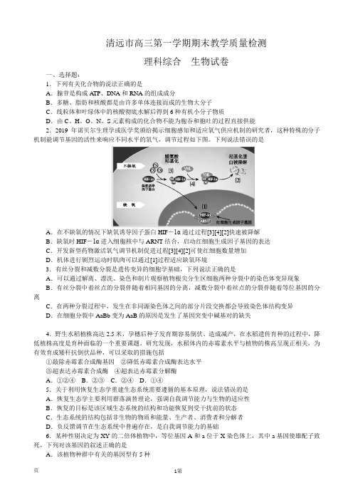 2020届广东省清远市高三上学期期末教学质量检测生物试题(解析版)