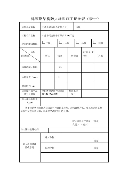 建筑钢结构防火涂料施工记录表1