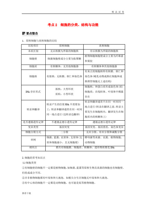 2019版高考生物二轮复习 专题一 基本结构和生命历程 考点2 细胞的分类、结构与功能学案