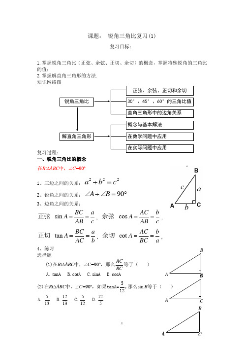 沪教版(上海)初中数学九年级第一学期 本章小结 锐角三角比复习教案