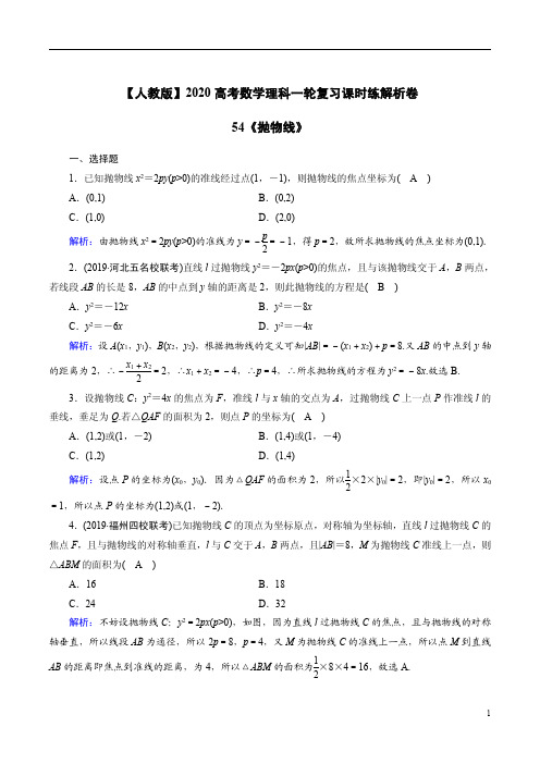 【人教版】2020高考数学理科一轮复习课时练解析卷54《抛物线》