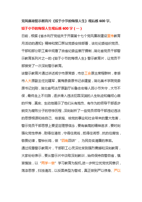 党风廉政警示教育片《毁于小节的悔恨人生》观后感600字。