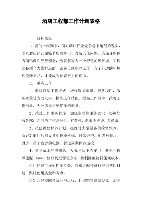 酒店工程部工作计划表格