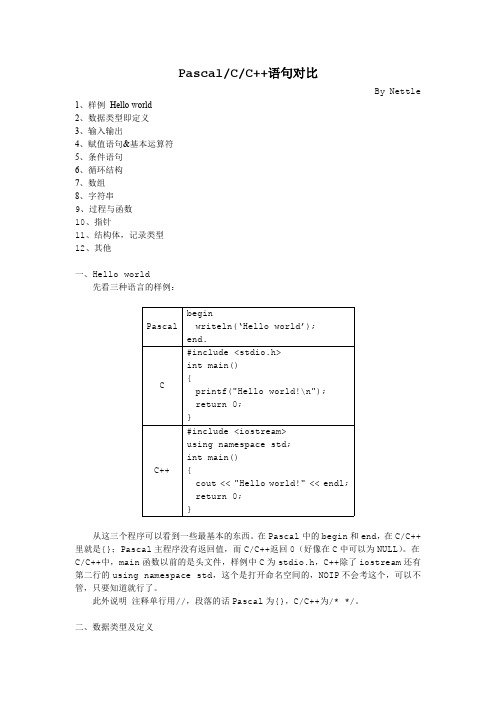 PASCAL与C++对照