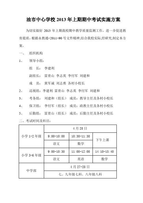 2013年上期期中考试实施方案