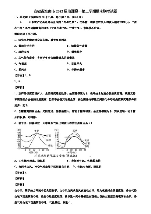 安徽省淮南市2022届地理高一第二学期期末联考试题含解析