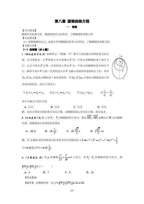 2008年普通高等学校招生全国统一考试数学试卷分类汇编8.1椭圆