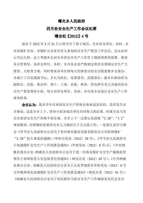 曙光乡人民政府四月份安全生产工作会议纪要