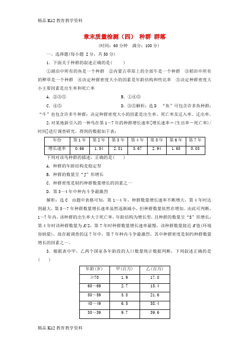 【配套K12】[学习](浙江专版)2017-2018学年高中生物 章末质量检测(四)种群 群落 浙科