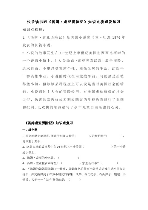 小学语文六年下册快乐读书吧《汤姆索亚历险记》知识点梳理及练习(共2套)含答案