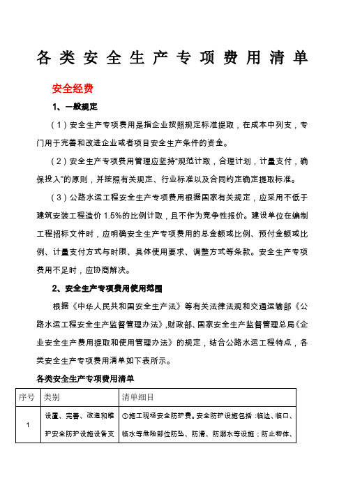 各类安全生产专项费用清单