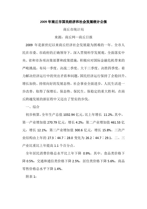 2009年商丘市国民经济和社会发展统计公报