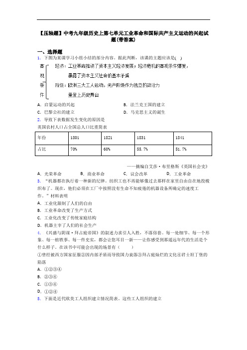 【压轴题】中考九年级历史上第七单元工业革命和国际共产主义运动的兴起试题(带答案)