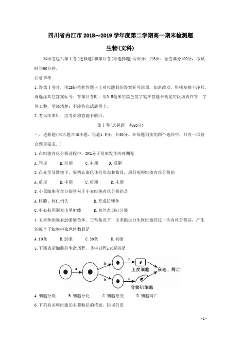 四川省内江市2018-2019学年高一生物下学期期末检测试题文(含答案)