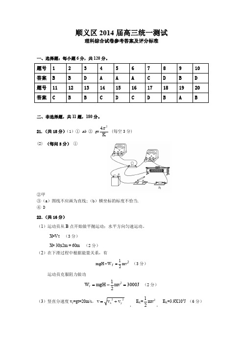 高中高考-2014顺义一模答案
