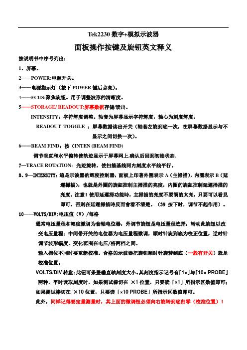 面板操作按键及旋钮英文释义