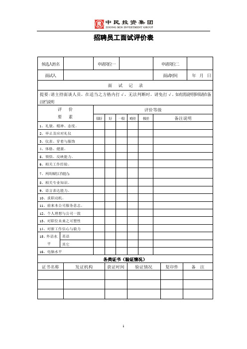 投资集团招聘员工面试评价表