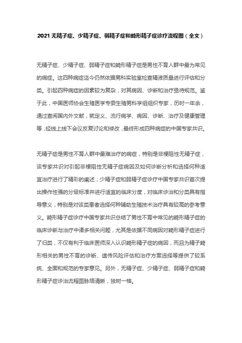 2021无精子症、少精子症、弱精子症和畸形精子症诊疗流程图(全文)
