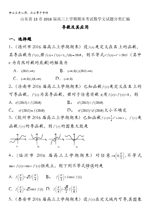 山东省13市2016届高三上学期期末考试数学文试题分类汇编：导数及其应用 含答案