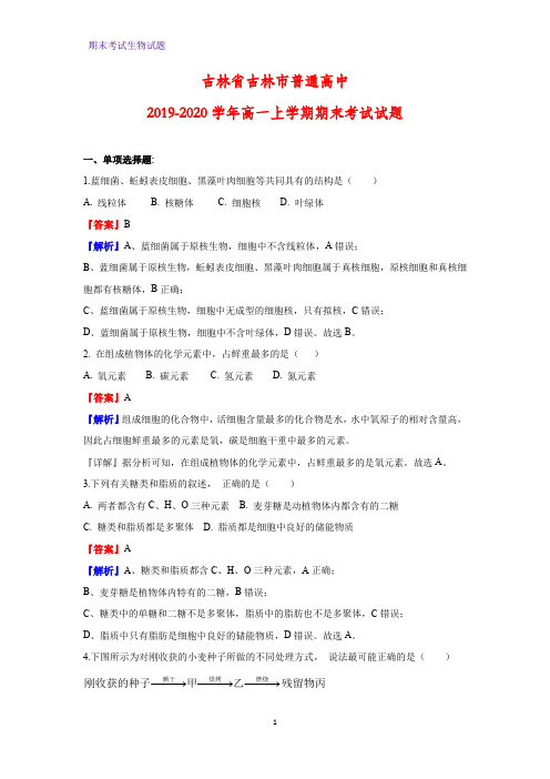 2019-2020学年吉林省吉林市普通高中高一上学期期末考试生物试题(解析版)