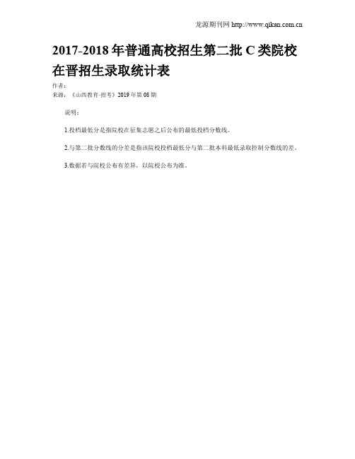 2017-2018年普通高校招生第二批C类院校在晋招生录取统计表
