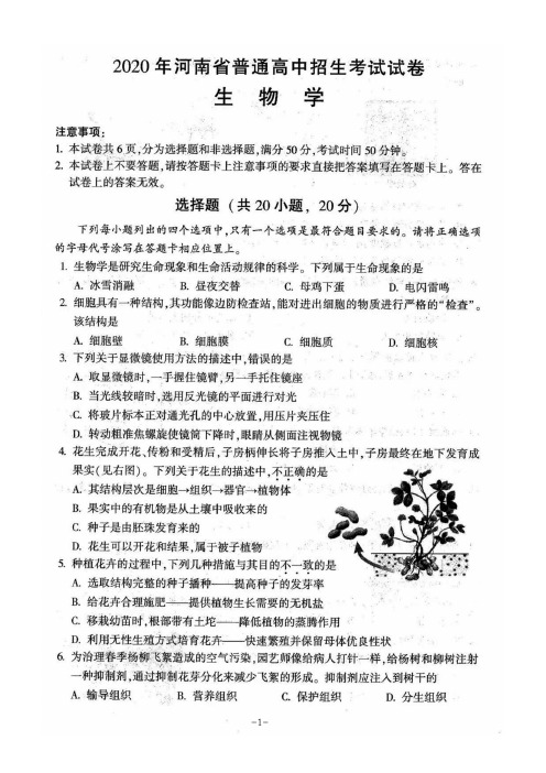 2020年河南省普通高中招生考试生物试题(扫描版,含参考答案)