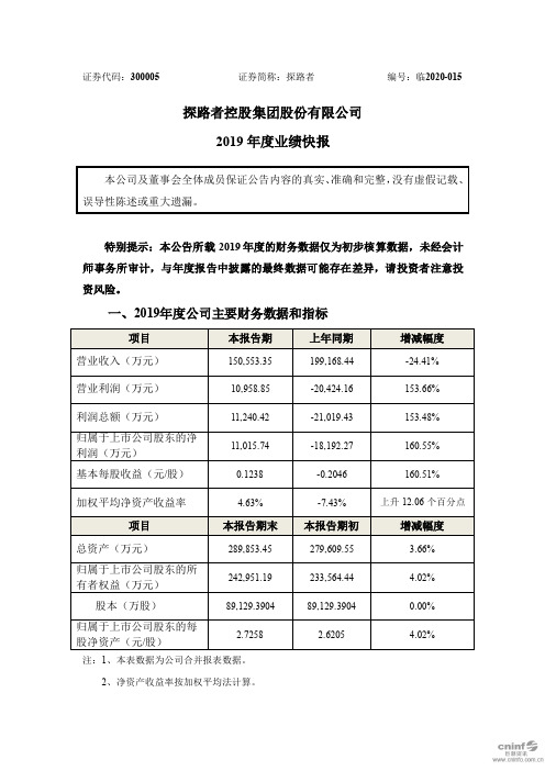 探路者：2019年度业绩快报
