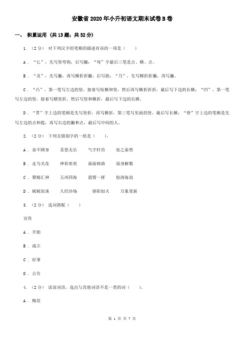 安徽省2020年小升初语文期末试卷B卷(新版)