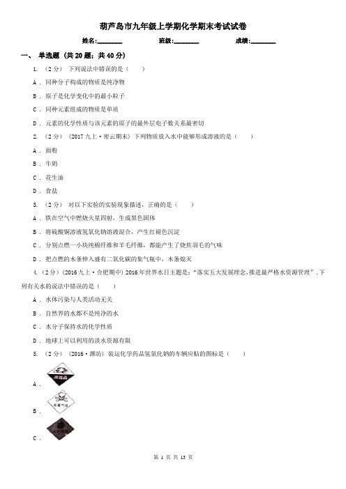 葫芦岛市九年级上学期化学期末考试试卷